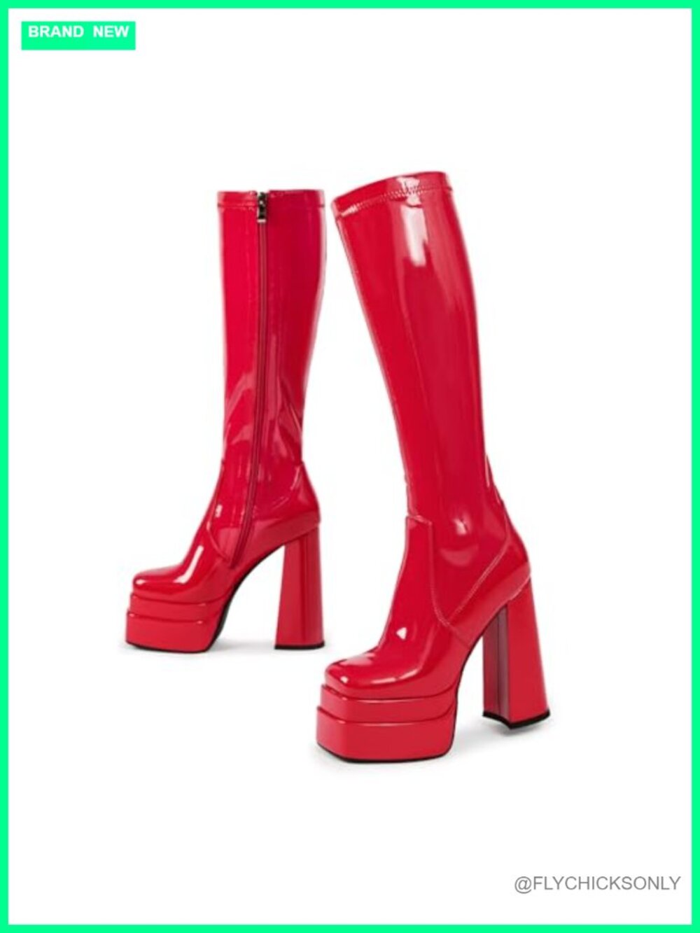 Platform Knee High Go Go Boots Square Toe Chunky Heel Patent